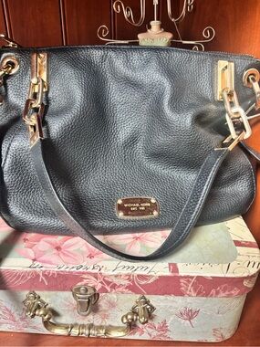 Michael Kors Black Pebbled Leather Shoulder Tote with Gold Hardware
